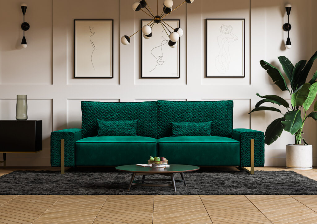 turkusowa sofa tapicerowana